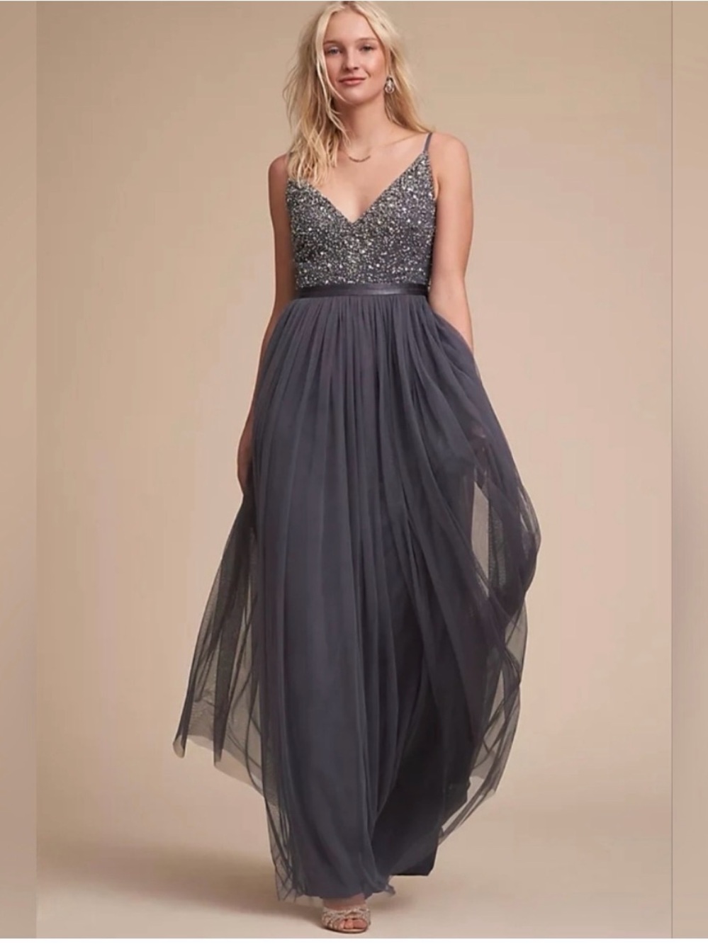 BHLDN Anthropologie Charcoal Sequin Embellished Bodice Tulle Maxi in Dark Gray